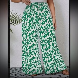 Green and White Patterned Women's Pants